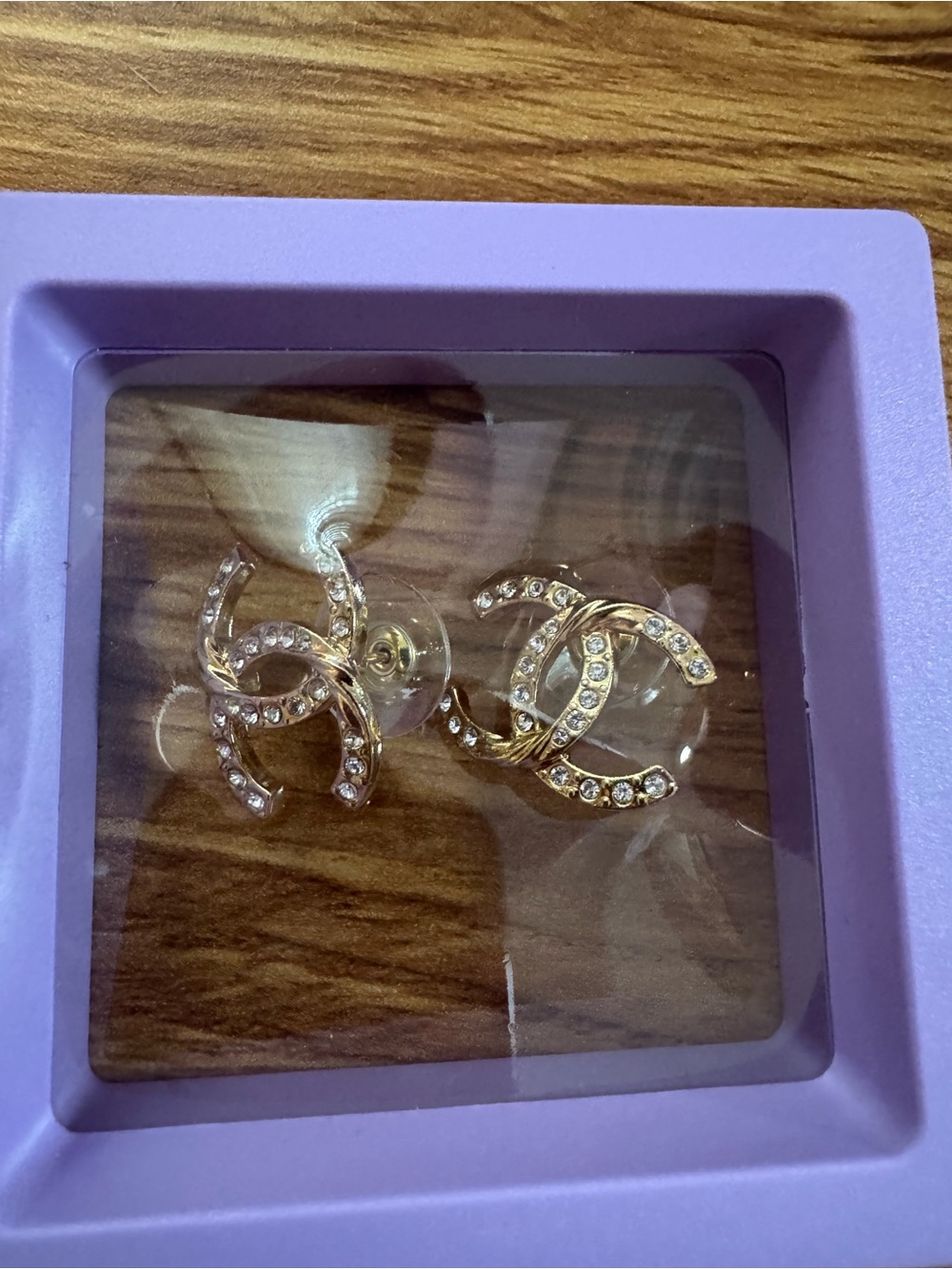 Chanel Gold-Tone Crystal Interlocking CC Stud Earrings - Picture 4 of 4